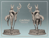 Front and three-quarter front view of Caelina, a rabbitfolk druid miniature in grey resin at 32mm scale, showing her crescent moon polearm, swept-back rabbit ears, and dramatic wing-like cape, mounted on an ornate circular arcane base
