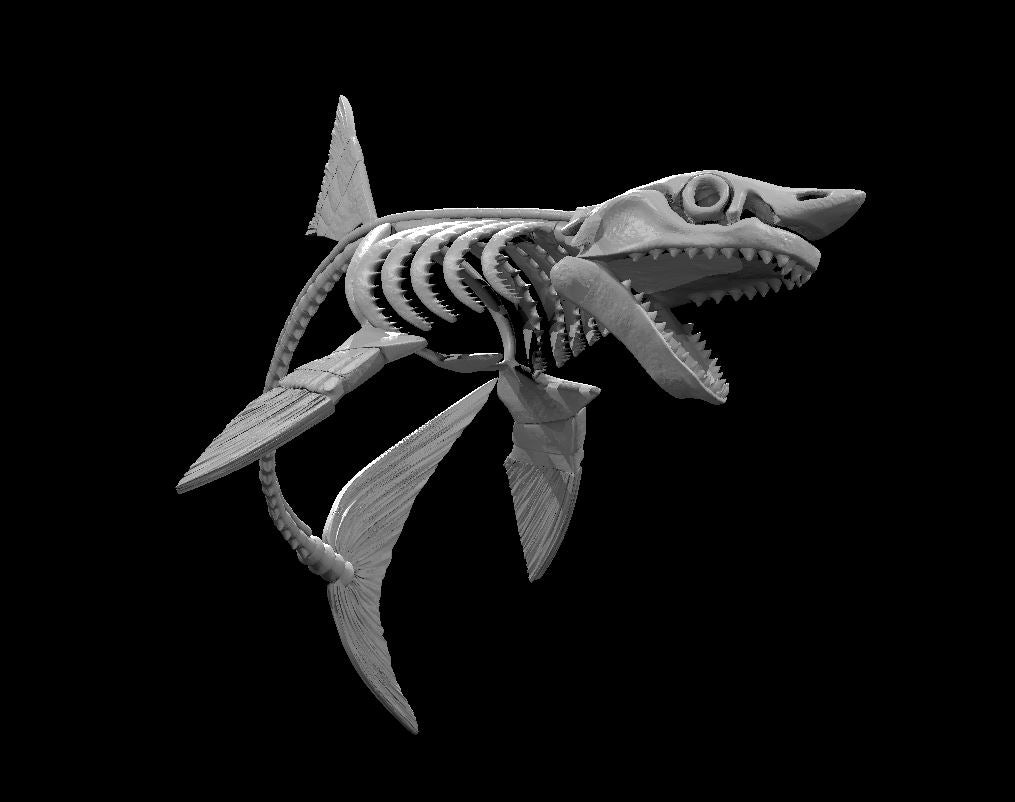 Digital render of an unpainted grey resin shark skeleton miniature by MZ4250, shown in a dynamic swimming pose with mouth agape, rows of teeth visible, exposed ribcage, articulated spine, and skeletal fins — viewed from a three-quarter side angle against a black background