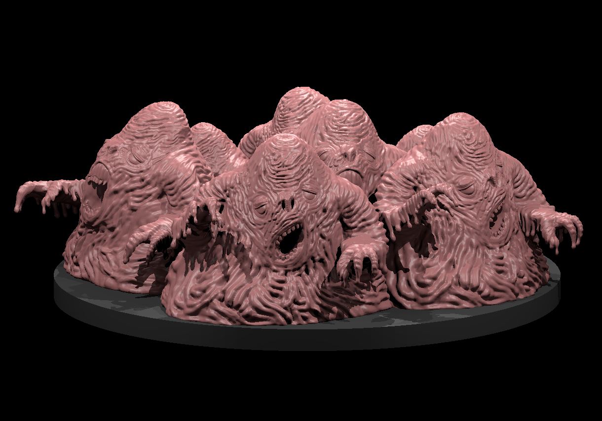 Digital render of a Swarm of Lemures miniature by MZ4250 — a cluster of six bloated, fleshy demonic figures fused together on a large oval base, each with sunken eyes, gaping mouths, and raking claws, shown in unpainted pink resin