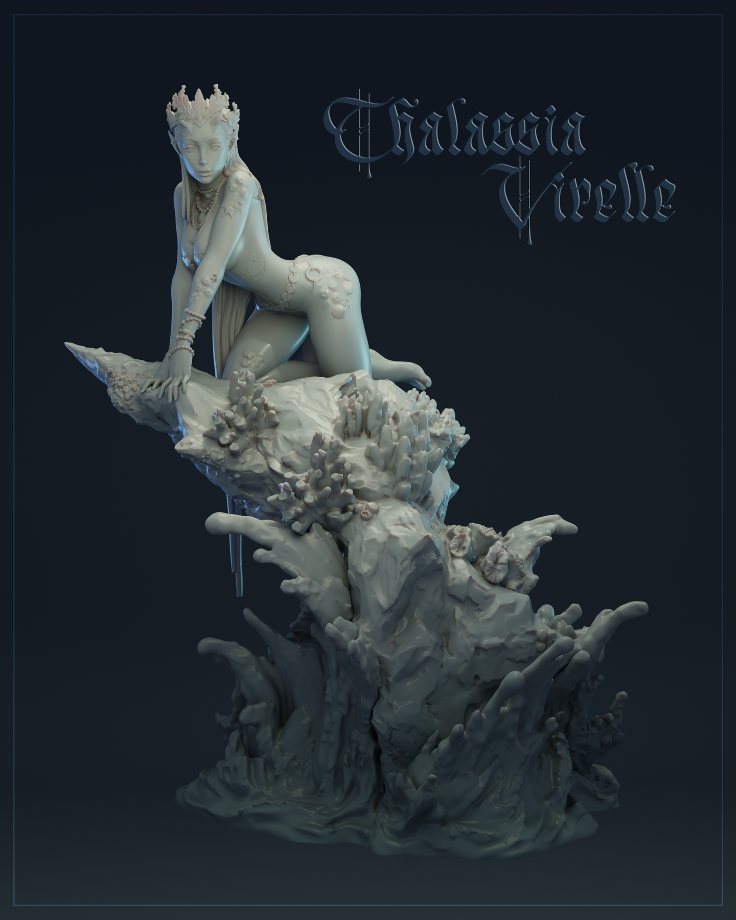 Digital render of Thalassia Virelle sea nymph display miniature — full-body view showing her seated on a coral and barnacle-encrusted rock formation, wearing a coral crown and pearl necklaces, with long flowing hair and shell markings across her skin