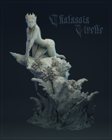 Digital render of Thalassia Virelle sea nymph display miniature — full-body view showing her seated on a coral and barnacle-encrusted rock formation, wearing a coral crown and pearl necklaces, with long flowing hair and shell markings across her skin