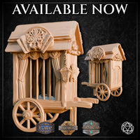 Promotional render showing two size variants of the Caged Circus Cart side by side — a larger version in the foreground and a smaller compact version behind — both in unpainted warm beige, highlighting the ornate carved detailing, draped curtains, hanging lantern, and spoked wheels with shell hub motifs