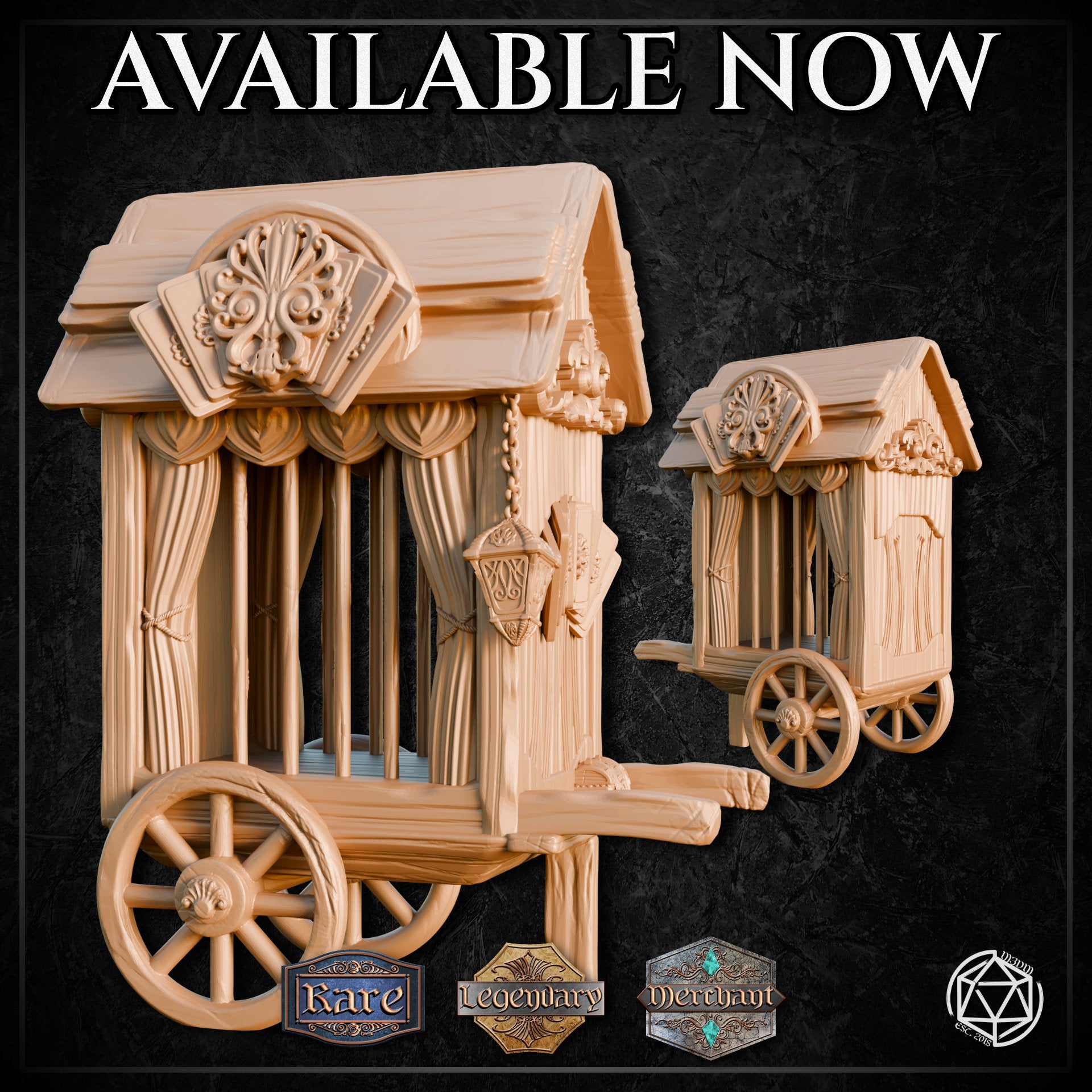 Promotional render showing two size variants of the Caged Circus Cart side by side — a larger version in the foreground and a smaller compact version behind — both in unpainted warm beige, highlighting the ornate carved detailing, draped curtains, hanging lantern, and spoked wheels with shell hub motifs
