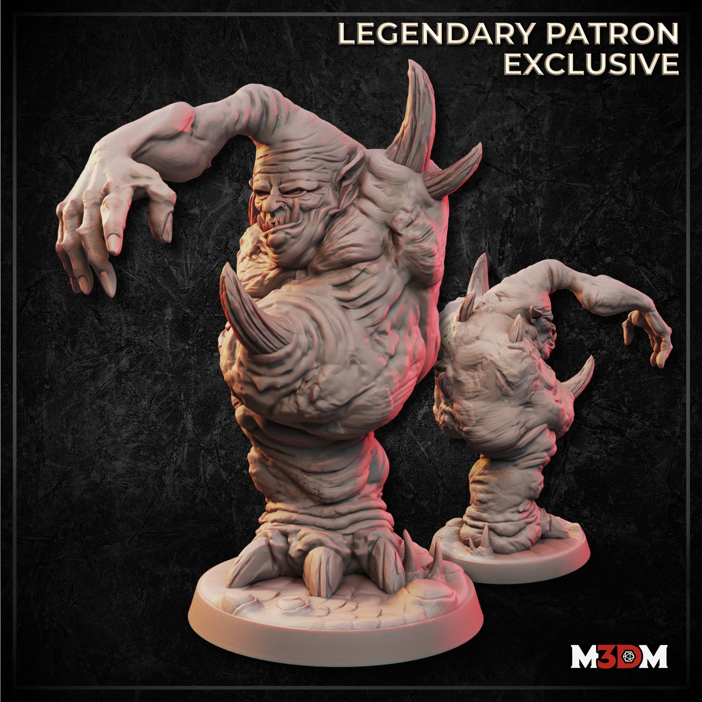 Digital render of the Horned Brute Aberration miniature showing front and rear views — a large horned creature with an elongated grasping arm, ribbed torso, swept-back horns, and clawed feet on a textured round base, marked as a Legendary Patron Exclusive by M3DM