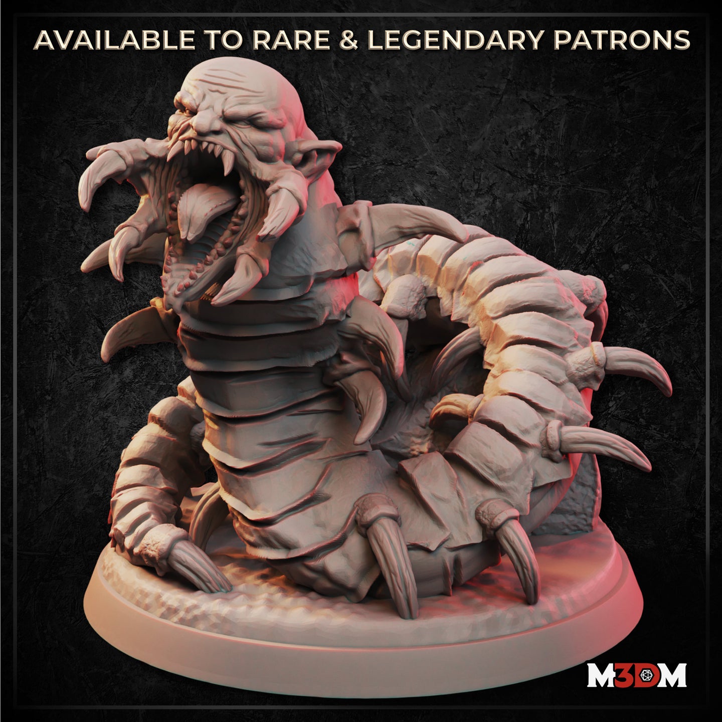 Digital render of the Millipede Monstrosity miniature — an unpainted grey resin sculpt showing a large creature with a segmented insectoid body and a roaring humanoid torso, mouth wide open with prominent fangs, curved claws raised, mounted on a round textured base