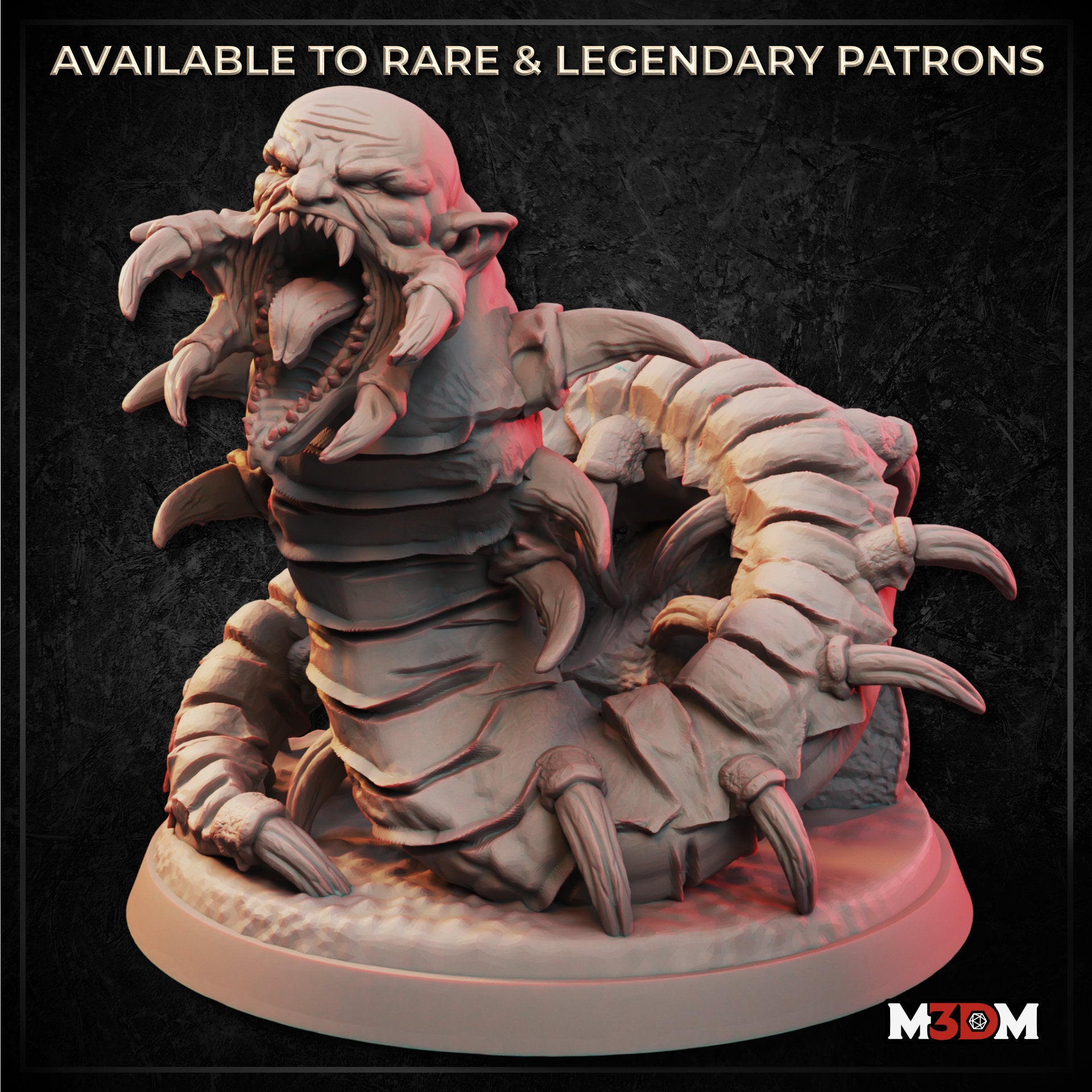 Digital render of the Millipede Monstrosity miniature — an unpainted grey resin sculpt showing a large creature with a segmented insectoid body and a roaring humanoid torso, mouth wide open with prominent fangs, curved claws raised, mounted on a round textured base