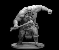 Massive ogre male in a low crouching charge, gripping a spiked bone-wrapped club in one hand and raising a clenched fist. Trophy skulls and bone fetishes hang from a chest harness. Wrapped bracers, cord-bound shin guards, and a ragged loincloth. Wide-open snarling mouth with fangs bared. Sculpt by MZ4250.