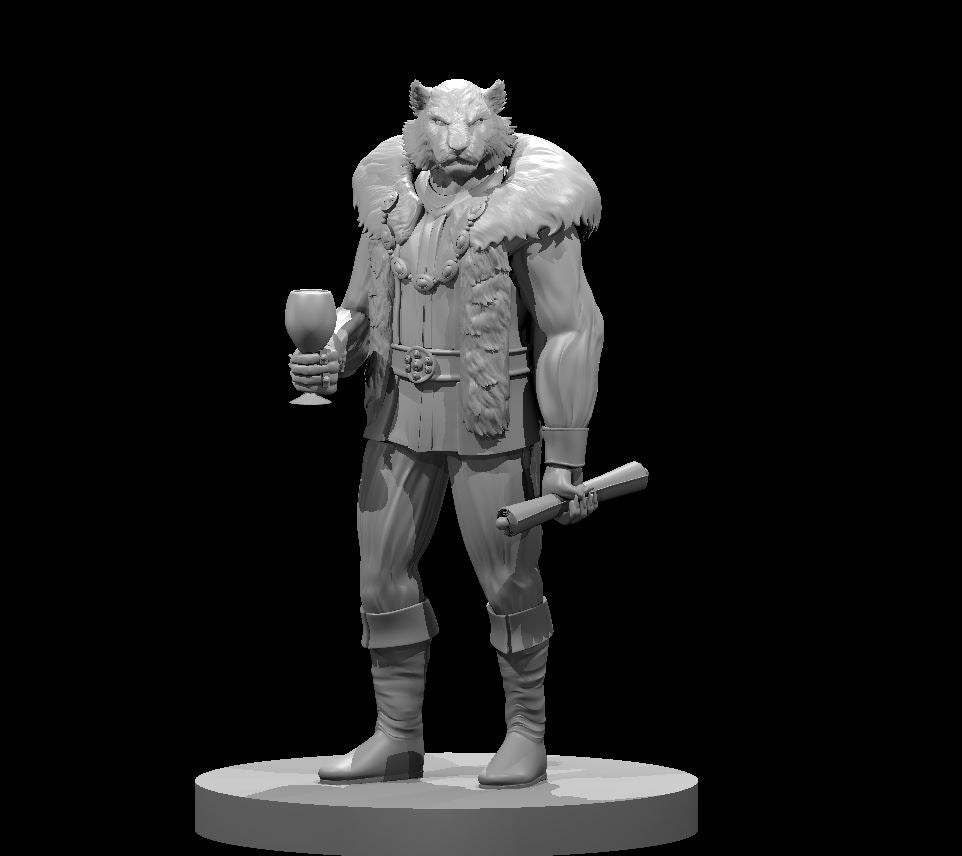 Tiger-headed male Rakshasa standing upright, holding a wine goblet in one hand and a rolled scroll in the other, wearing a sleeveless belted tunic with a fur and bead collar. Sculpt by MZ4250.