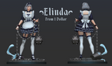 Front and rear digital render of Battle Maid Elinda miniature showing full sculpt detail — frilled apron, bow-tied bodice, layered navy skirt, thigh-high stockings, leather wrist cuffs, and chains with spiked flail and water effect on a cobblestone base
