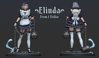 Front and rear digital render of Battle Maid Elinda miniature showing full sculpt detail — frilled apron, bow-tied bodice, layered navy skirt, thigh-high stockings, leather wrist cuffs, and chains with spiked flail and water effect on a cobblestone base