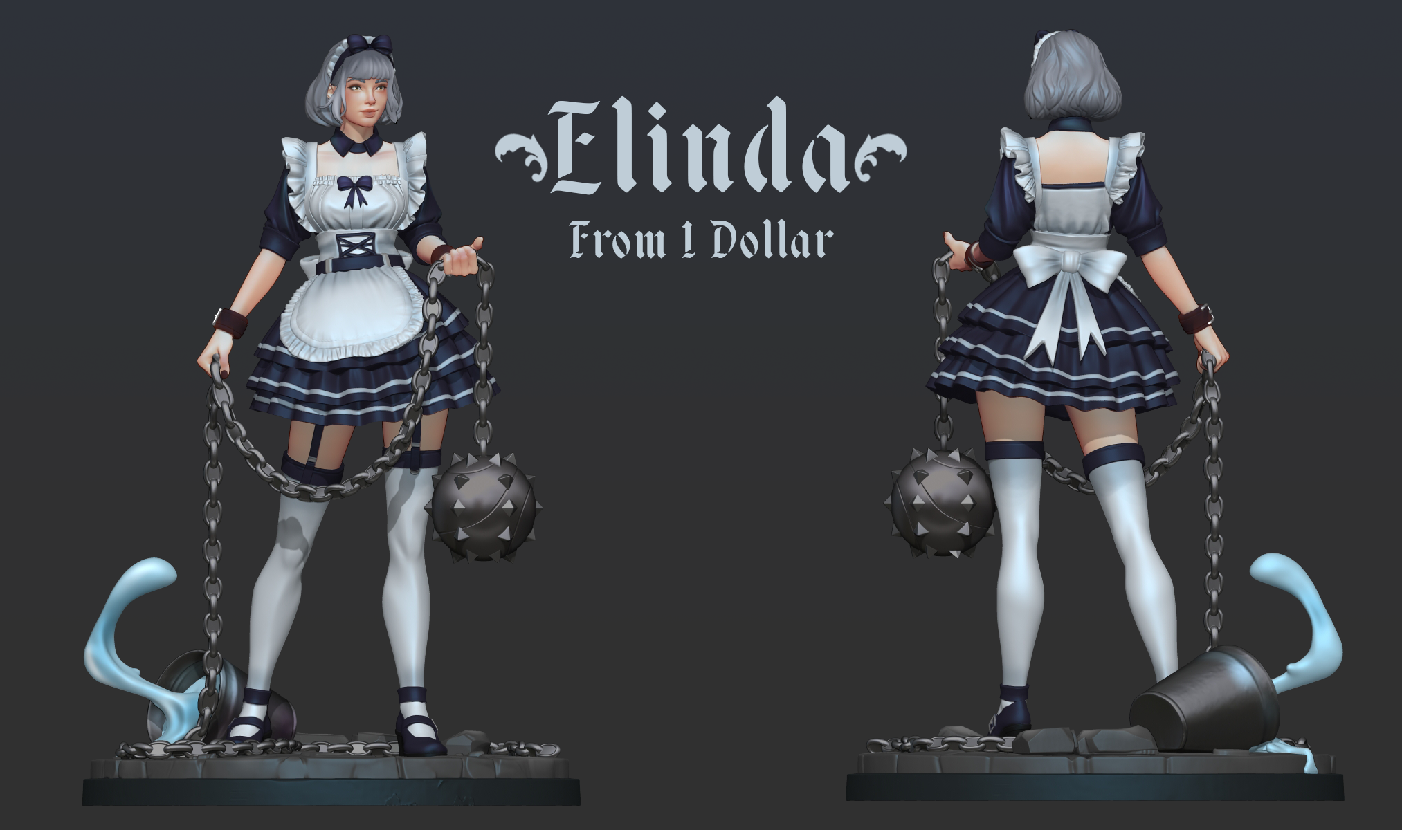 Front and rear digital render of Battle Maid Elinda miniature showing full sculpt detail — frilled apron, bow-tied bodice, layered navy skirt, thigh-high stockings, leather wrist cuffs, and chains with spiked flail and water effect on a cobblestone base