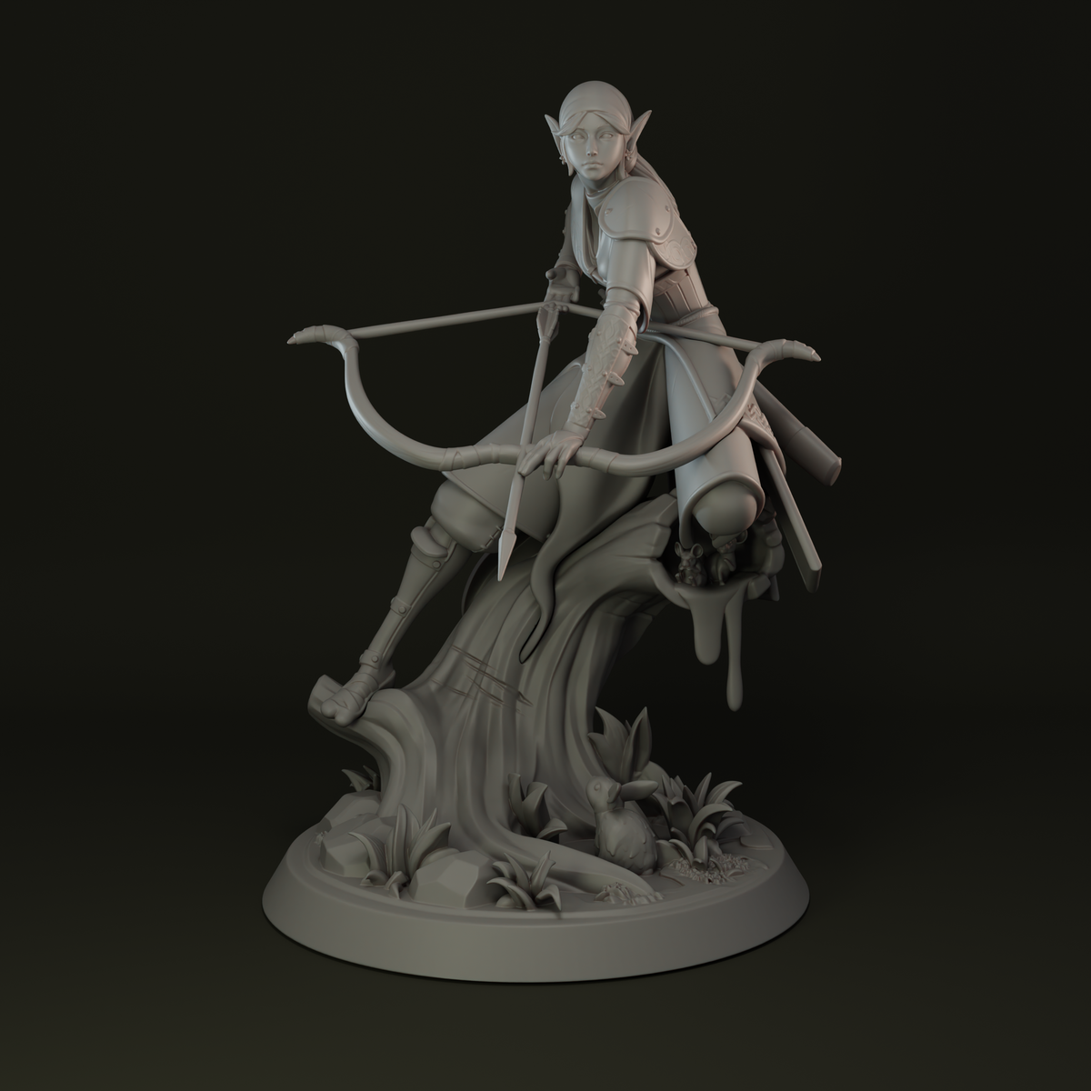 Promotional title render of Faelwen the Woodland Sentinel by Dungeons & Maidens — close-up showing her calm, attentive expression, tied headband, pointed ears, articulated shoulder armour, and recurved longbow held across her body.