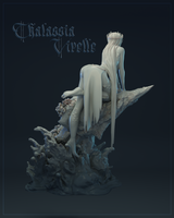 Rear view digital render of Thalassia Virelle — showing her floor-length flowing hair cascading down her back, the coral and sea-anemone base detail, and the full composition of the rock formation rising from a sea-foam scattered plinth
