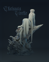 Rear view digital render of Thalassia Virelle — showing her floor-length flowing hair cascading down her back, the coral and sea-anemone base detail, and the full composition of the rock formation rising from a sea-foam scattered plinth