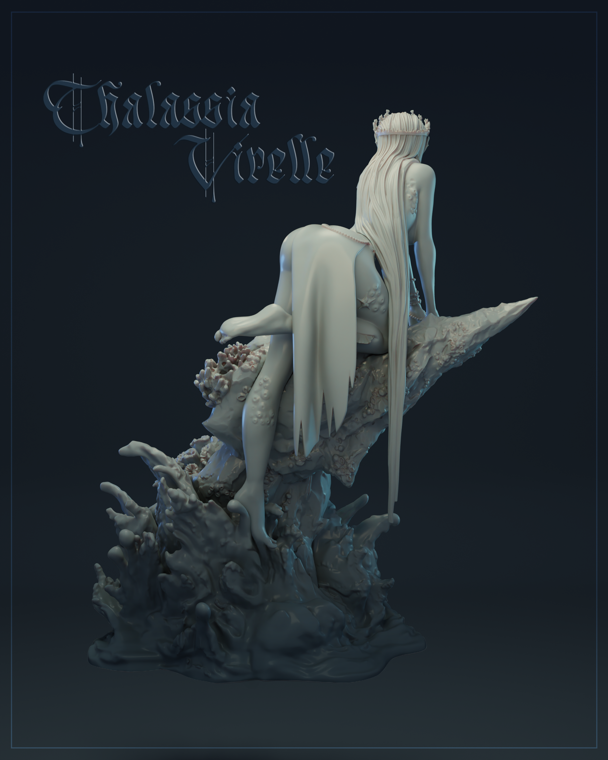 Rear view digital render of Thalassia Virelle — showing her floor-length flowing hair cascading down her back, the coral and sea-anemone base detail, and the full composition of the rock formation rising from a sea-foam scattered plinth