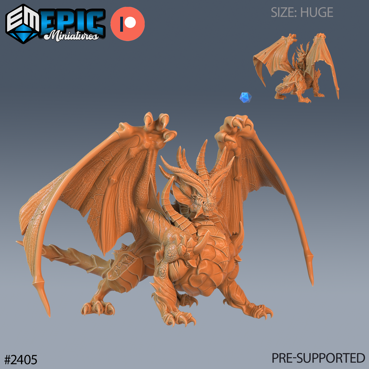 Digital render of an unpainted grey resin Huge-scale dragon miniature by Epic Miniatures, shown in a crouching pose with broad wings raised, heavy overlapping scales, curved horns, and clawed feet planted wide — a smaller scale-reference thumbnail is visible in the upper right corner