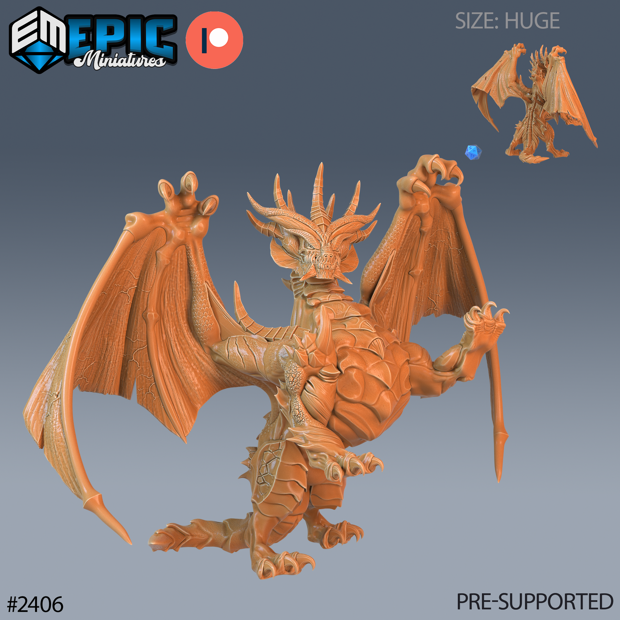 Digital render of an unpainted grey resin grey dragon miniature at Huge scale, rearing upright with both wings spread wide, one forelimb raised in a claw attack and tail poised behind, crown of swept-back horns and heavy armoured belly scales visible, shown from the front with a small scale reference inset in the top right corner