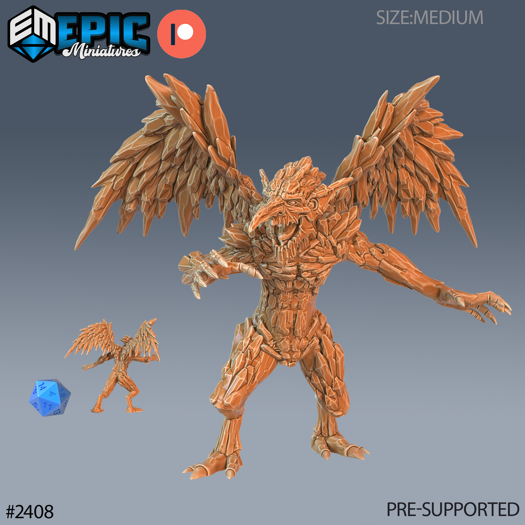 Digital render of an Ice Mephit miniature by Epic Miniatures — large winged elemental creature with angular shard-like ice texture, beak open in a screech, arms spread wide and claws splayed, shown alongside a smaller companion figure in a frenetic pose and a d20 for scale reference