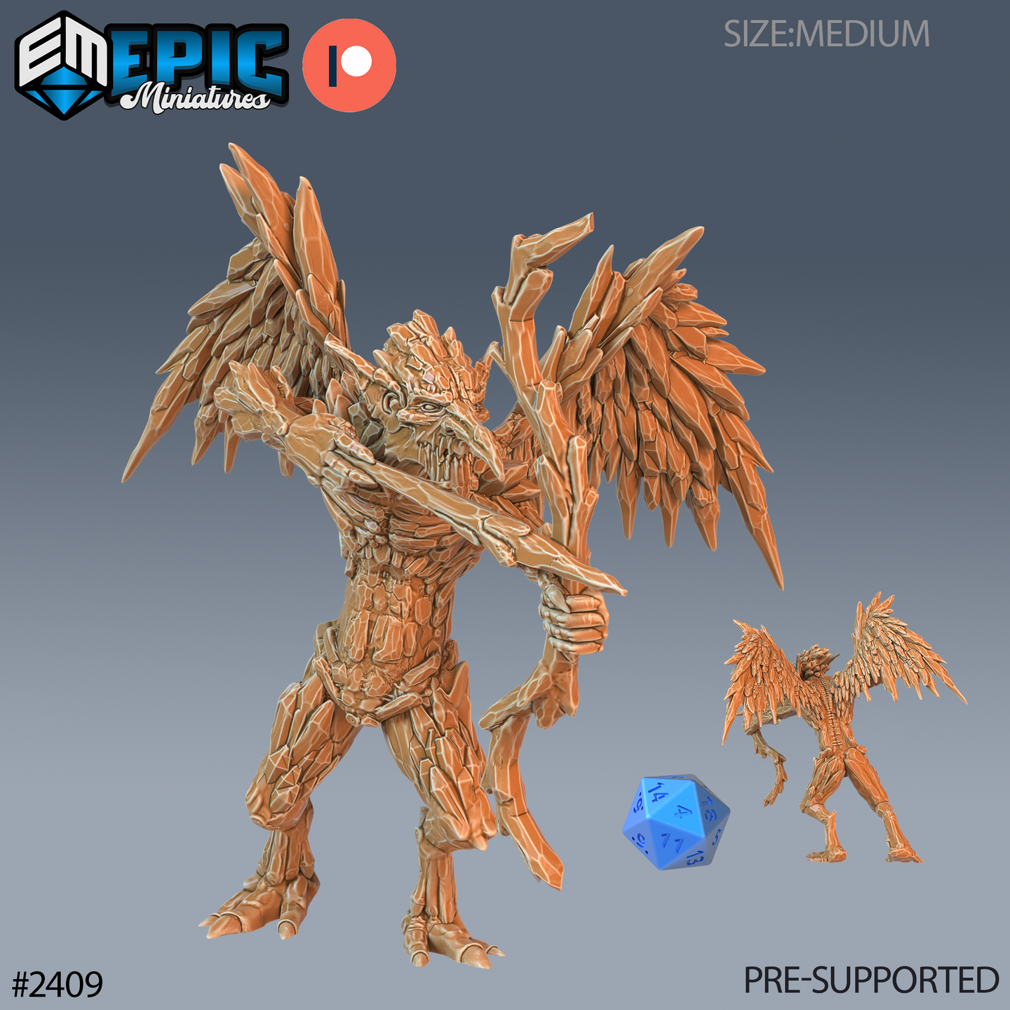 Digital render of an Ice Mephit miniature by Epic Miniatures — a medium-sized winged elemental creature with angular bark-and-ice textured skin, broad feathered wings, and a jagged bow-like stave held two-handed across the body. Two views shown side by side with a d20 for scale reference. 32mm tabletop miniature, unpainted resin.