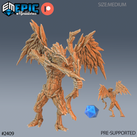 Digital render of an Ice Mephit miniature by Epic Miniatures — a medium-sized winged elemental creature with angular bark-and-ice textured skin, broad feathered wings, and a jagged bow-like stave held two-handed across the body. Two views shown side by side with a d20 for scale reference. 32mm tabletop miniature, unpainted resin.