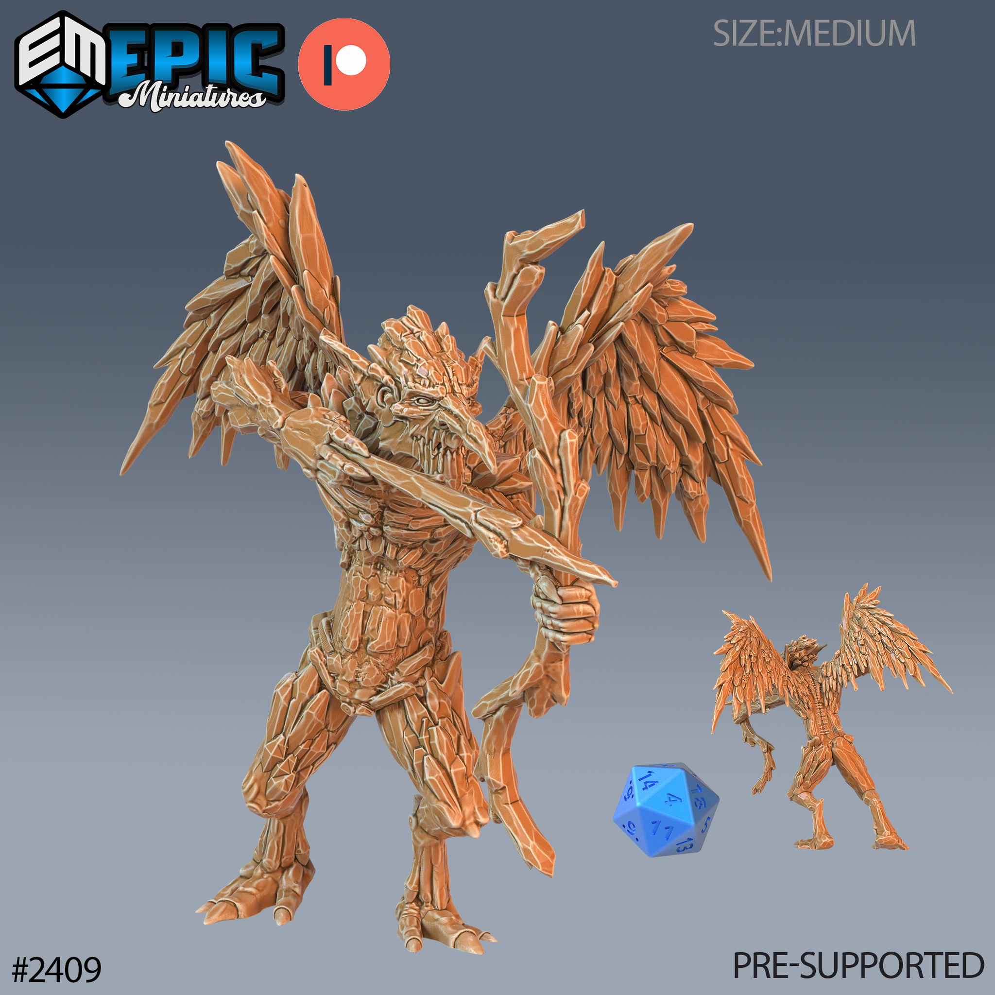 Digital render of an Ice Mephit miniature by Epic Miniatures — a medium-sized winged elemental creature with angular bark-and-ice textured skin, broad feathered wings, and a jagged bow-like stave held two-handed across the body. Two views shown side by side with a d20 for scale reference. 32mm tabletop miniature, unpainted resin.