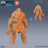 Digital render of the Snow Cyclops miniature by Epic Miniatures — a large one-eyed giant shown from front and rear, with fur-trimmed wrist and ankle bindings, a skull-adorned chest strap, thick braided beard, and a club held at his side. A blue d20 die provides scale reference. Unpainted resin render in warm terracotta tone.