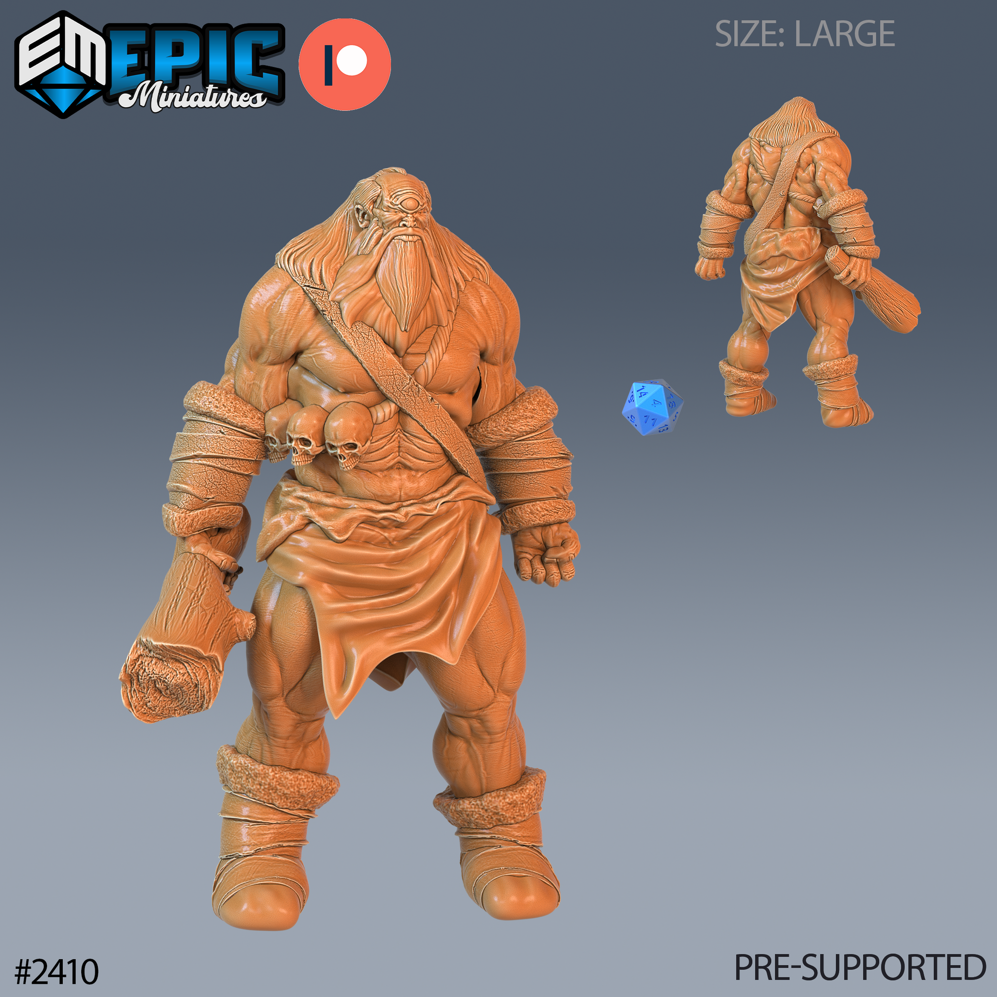 Digital render of the Snow Cyclops miniature by Epic Miniatures — a large one-eyed giant shown from front and rear, with fur-trimmed wrist and ankle bindings, a skull-adorned chest strap, thick braided beard, and a club held at his side. A blue d20 die provides scale reference. Unpainted resin render in warm terracotta tone.