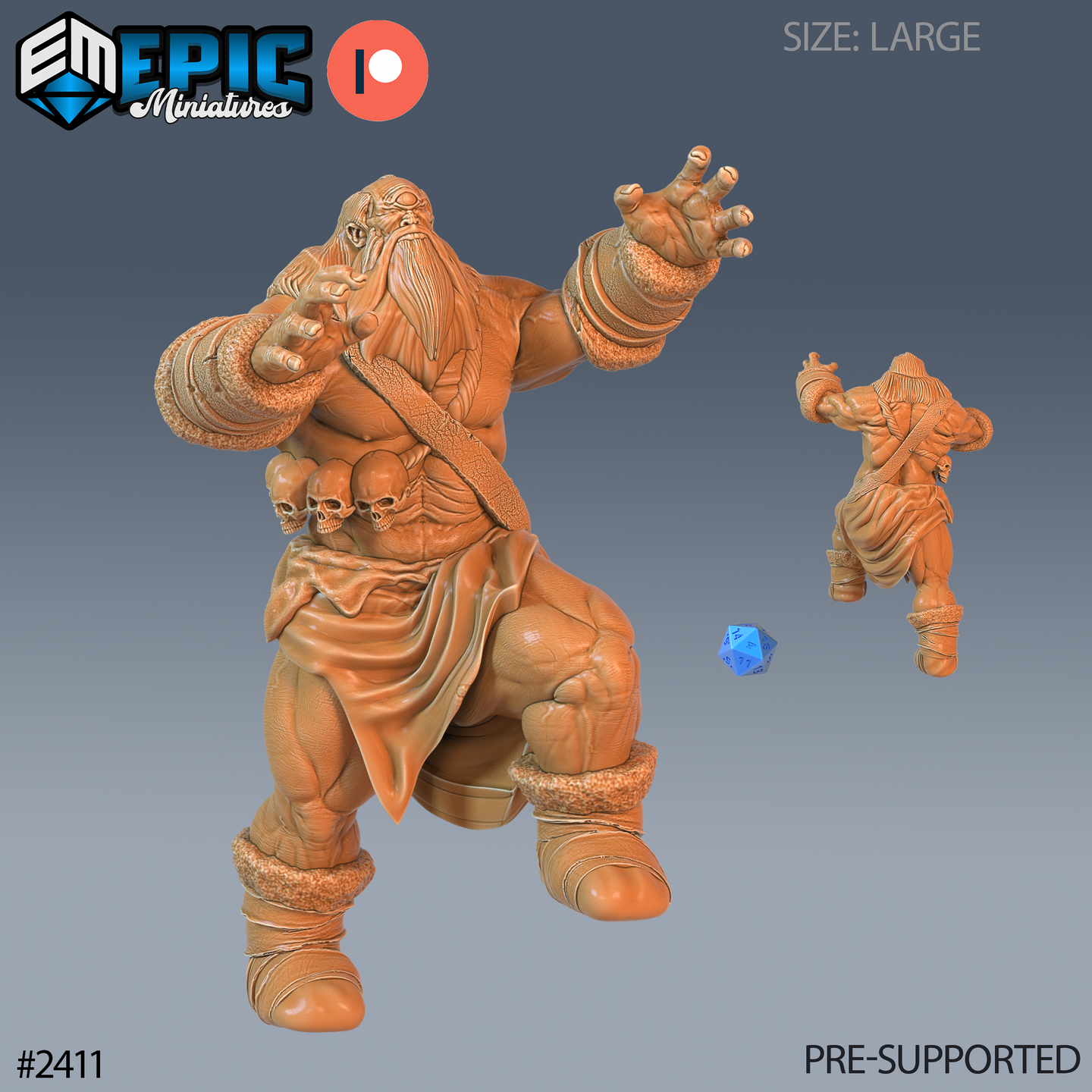 Digital render of the Snow Cyclops Attacking miniature by Epic Miniatures — a large, heavily muscled one-eyed giant with a long beard, grasping hand outstretched, skull sash across its chest, fur-trimmed bound boots, and flowing wrap, shown in pre-support orange resin render with a blue d20 for scale reference and a smaller rear-view of the sculpt