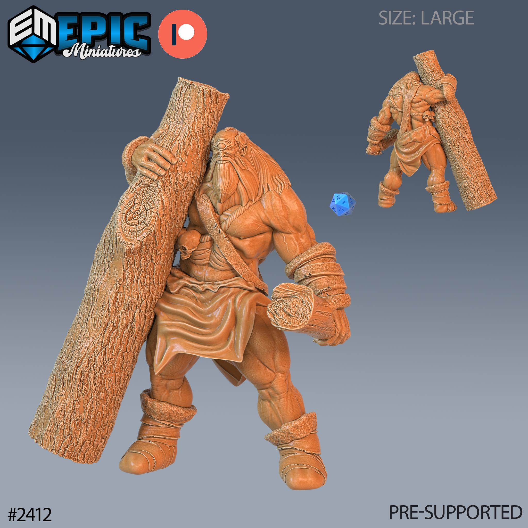 Digital render of an unpainted resin Snow Cyclops miniature by Epic Miniatures — a large, heavily muscled one-eyed giant gripping a full tree trunk as a club, with detailed bark texture, fur-lined boots lashed with rope, a skull trophy across its chest, and a long tangled beard; a smaller rear-angle inset and a blue d20 for scale are also visible
