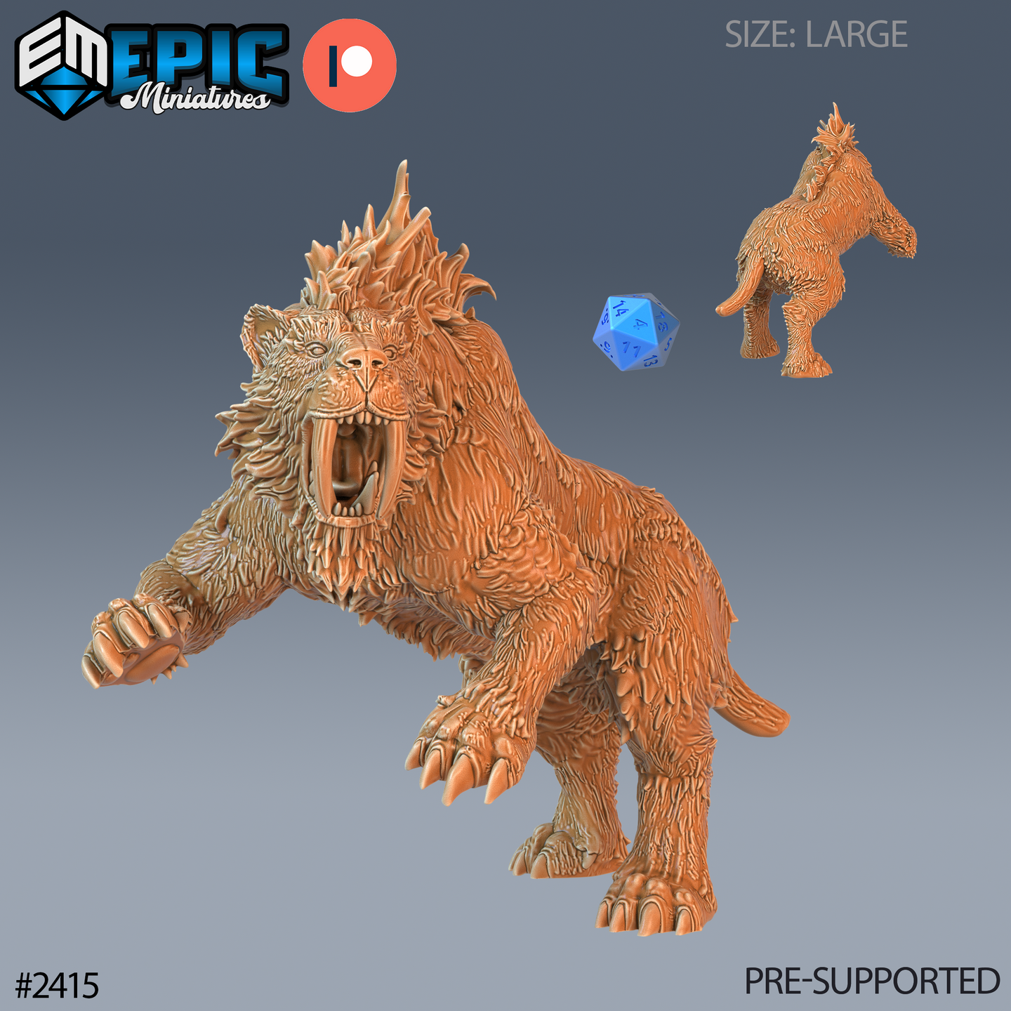 Digital render of an unpainted resin sabretooth tiger miniature in a large attacking pose — forepaw raised and swiping, jaws open wide with elongated saber fangs, a dramatic spined mane along the neck and shoulders, shown alongside a d20 for scale and a rear three-quarter view of the same sculpt