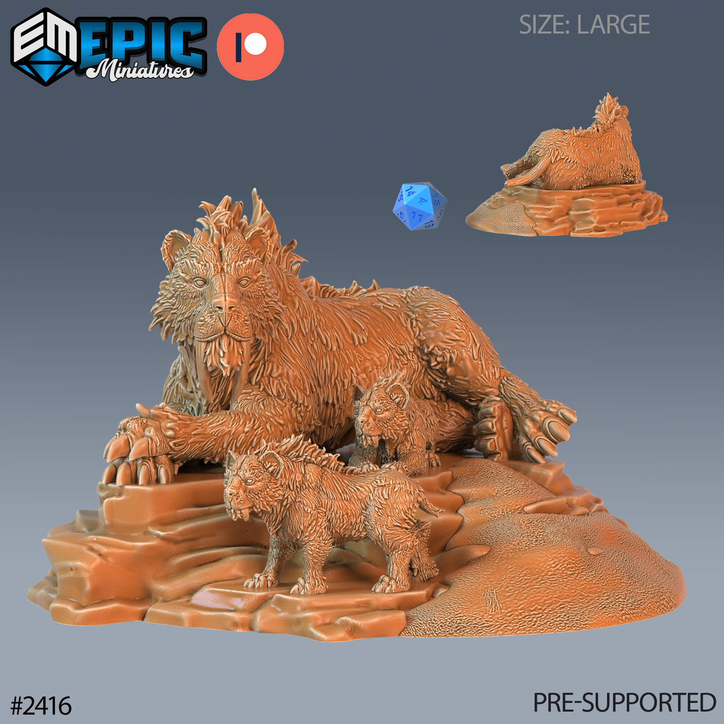 Digital render of a large-scale sabretooth tigress miniature lying on a rocky base with two cubs pressed close beneath her, shown in unpainted orange resin with a d20 scale reference, from Epic Miniatures