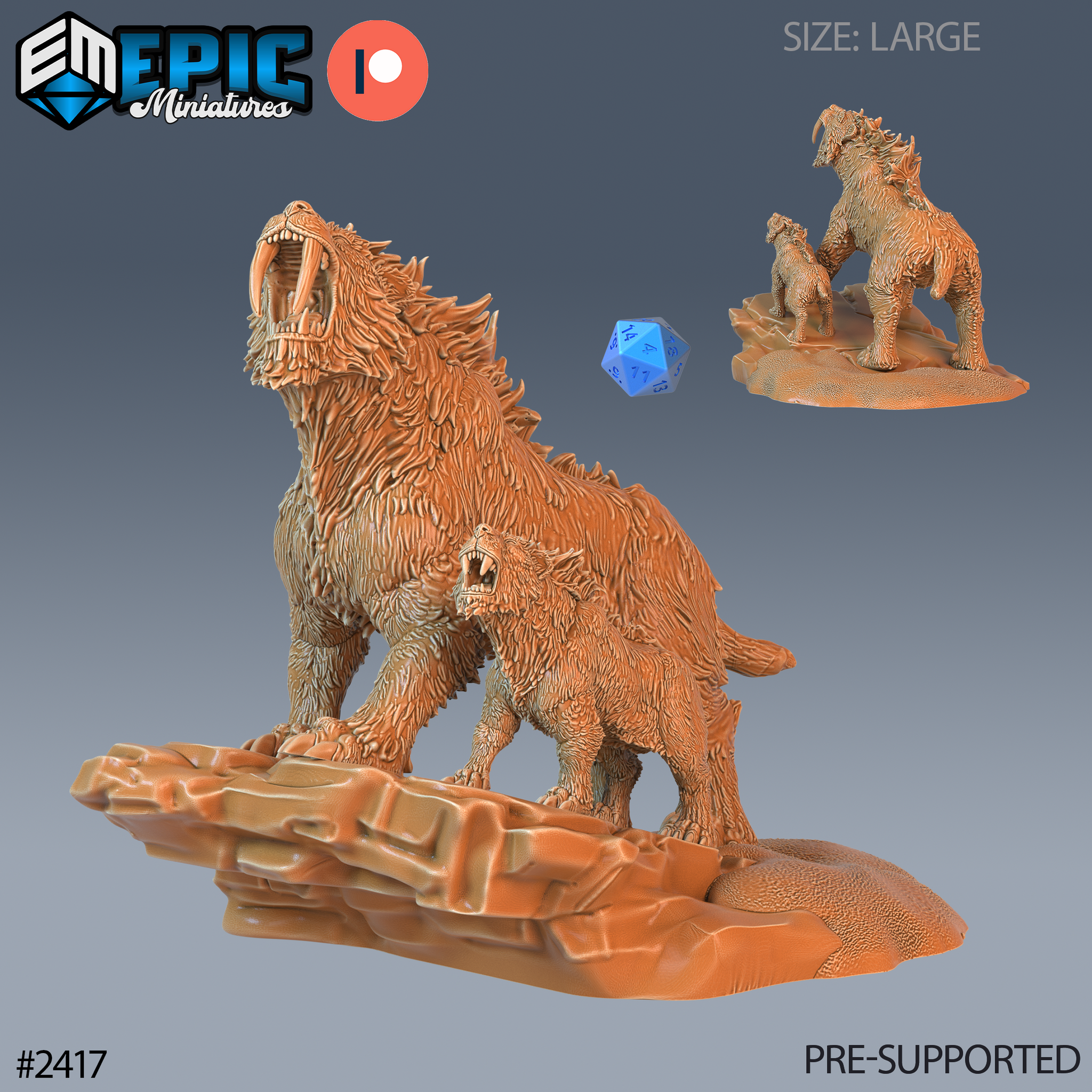 Digital render of an unpainted resin sabretooth tiger miniature in a large roaring pose, head thrown back with jaws wide open and prominent saber teeth visible, standing on a rocky outcrop base alongside a smaller cub in a snarling stance — shown with a d20 for scale and a rear-angle inset view, by Epic Miniatures