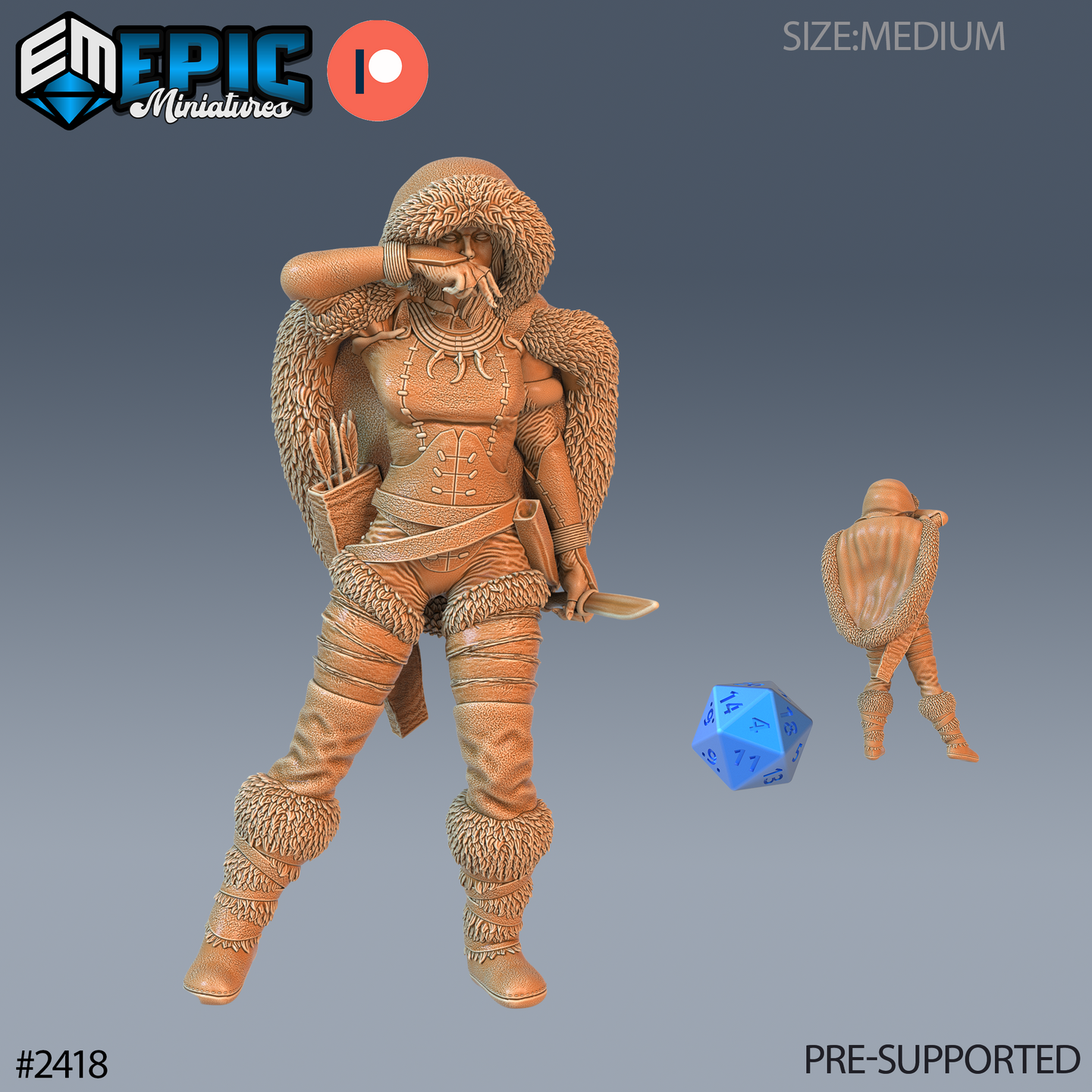 Digital render of a 32mm Northern Tribes Warrior miniature by Epic Miniatures — a female figure in layered fur cloak, hide armour, and fur-trimmed boots, one hand raised to her lips in a hushed gesture, short blade drawn in the other hand, arrow quiver across her back; scale reference d20 and rear view shown alongside