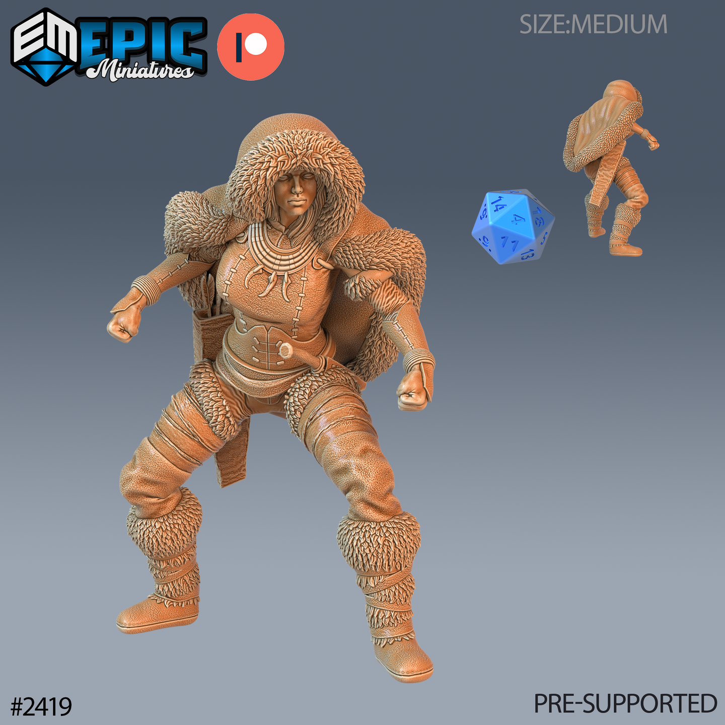 Digital render of an unpainted 32mm resin miniature of a muscular female northern tribes warrior in a ready fighting stance — fists raised and clenched, wearing a large fur-lined hood, fur-trimmed boots, layered leather armour with segmented waist plates, and a claw-tooth chest decoration. A side-view silhouette and a blue d20 scale reference die are visible in the background. Epic Miniatures sculpt #2419.