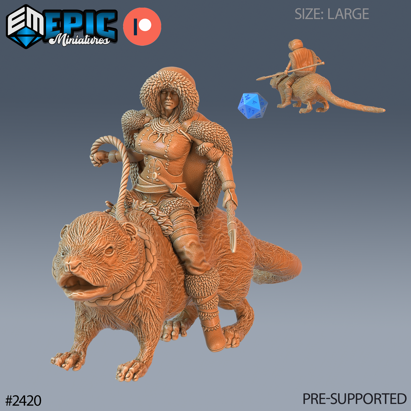 32mm scale digital render of a Northern Tribes Warrior Otter Rider miniature by Epic Miniatures — a female tribal warrior in layered fur-trimmed hide armour seated atop a large open-mouthed otter, holding a coiled rope and short spear, shown from the front with a side-view thumbnail inset and a blue d20 for scale reference