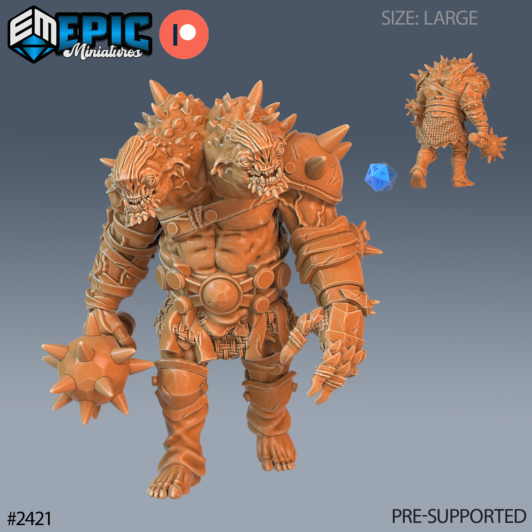 Digital render of the Ettin Beast miniature by Epic Miniatures — a large two-headed creature with snarling faces, spiked shoulder armour, and a heavy spiked flail, shown from the front with a size comparison die and rear-view thumbnail