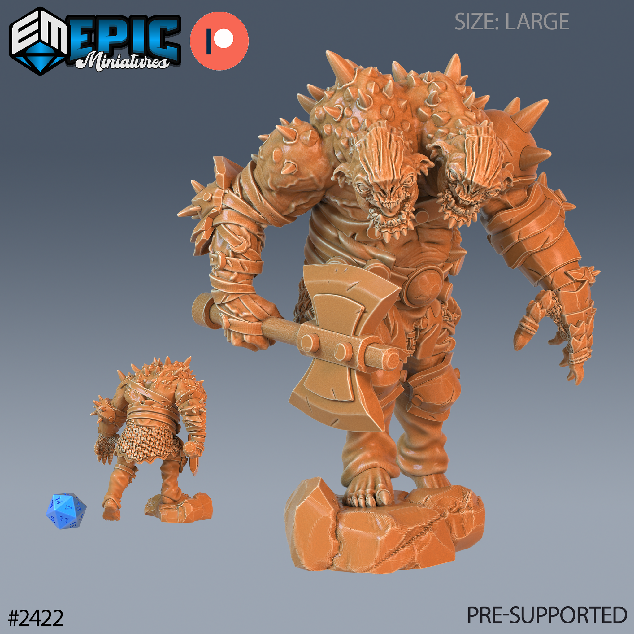 Digital render of an unpainted resin Ettin Beast Axe miniature by Epic Miniatures. A two-headed giant-kin creature in a hunched, aggressive stance grips a large double-headed battle axe. The ettin wears scraps of piecemeal armour with bony spines across the shoulders and heads. A small scale reference figure and a blue d20 die are shown alongside. The mini is mounted on an integral rocky base and is marked as Large scale.