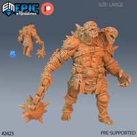 Digital render of the Ettin Beast Roar large-scale resin miniature by Epic Miniatures. The two-headed ettin stands in an aggressive forward-leaning pose, swinging a massive spiked flail on a heavy chain. One head roars with mouth wide open showing rows of teeth; the second head snarls to the side. The figure wears leather wraps on its forearms, a woven loincloth, and a wide studded belt with a central boss. Spiked protrusions cover the back and shoulders. A smaller secondary angle view is visible to the lef