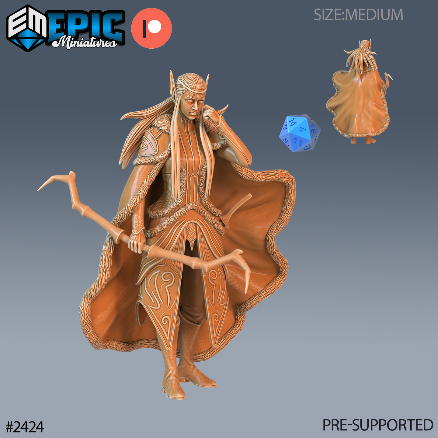 Digital render of an unpainted resin miniature of a female winter fey elf. She stands in a composed pose, one hand raised thoughtfully to her chin and the other gripping a gnarled branching staff held horizontally. She wears flowing armour with organic knotwork engravings and a dramatic sweeping fur-trimmed cloak. Long hair frames her face beneath a silver circlet. A back view of the cloak and a blue d20 die are shown alongside for scale reference. Epic Miniatures sculpt #2424, medium size, pre-supported.