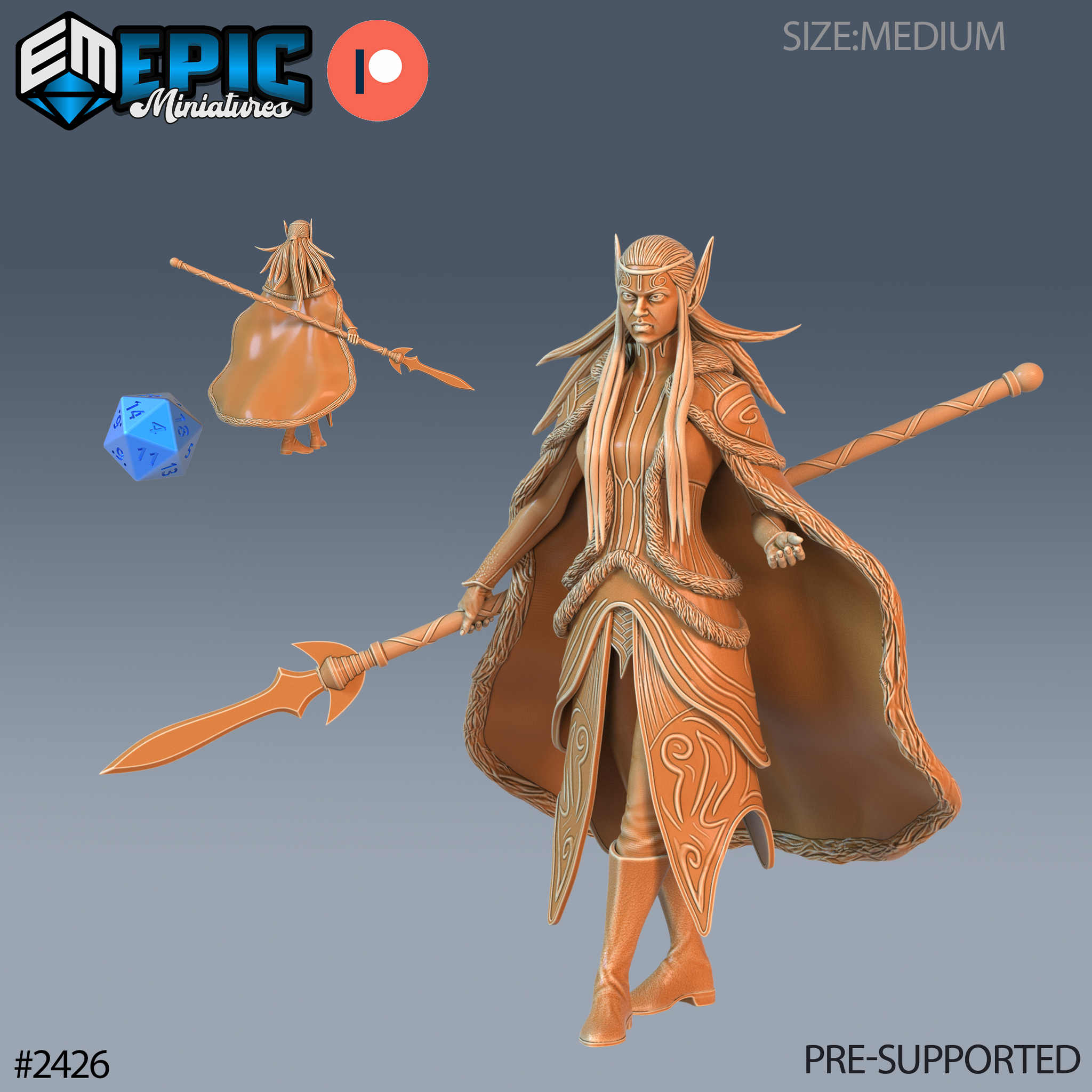 Digital render of a female fey elf warrior miniature at 32mm scale, wearing intricately knotworked leather and plate armour with a flowing cape, carrying a long spear lowered in a combat-ready stance. Shown alongside weapon options including an alternate staff and a small scale reference figure. Warm orange resin preview colouring on a grey gradient background.