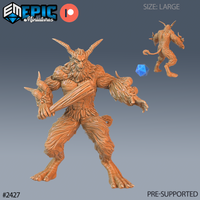 Digital render of the Bigfoot Yeti miniature by Epic Miniatures — a large-scale unpainted resin sculpt showing a towering horned beast with dense layered fur, lion-like face, spiralling goat horns, clawed hands, and wide combat stance. A d20 is shown for scale alongside a rear three-quarter view. Marked as large size and pre-supported.