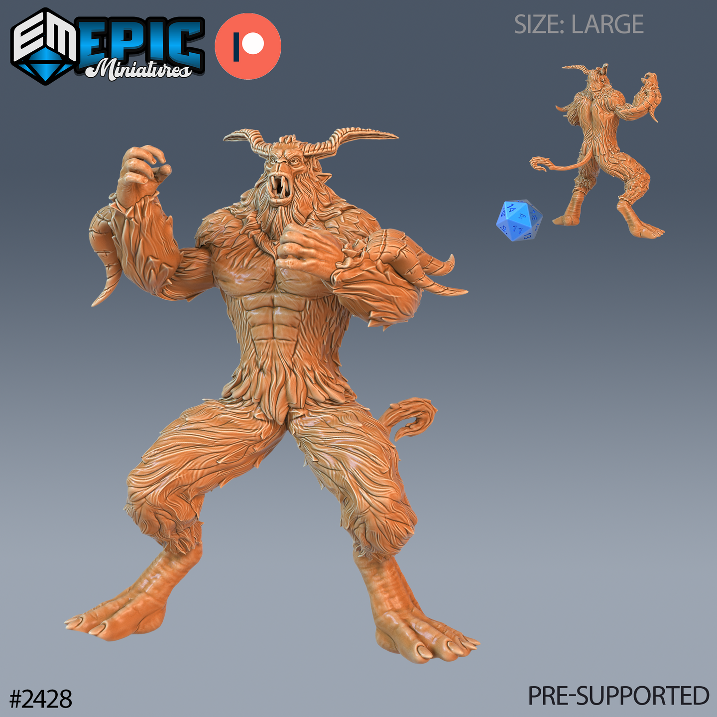 Digital render of the Bigfoot Yeti Roar miniature by Epic Miniatures — a large, heavily muscled horned beast covered in detailed layered fur, mouth open in a roar, clawed hands raised wide. A secondary leaping pose variant and a d20 for scale are visible in the background. Shown in orange resin render, unpainted.