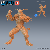 Digital render of the Bigfoot Yeti Roar miniature by Epic Miniatures — a large, heavily muscled horned beast covered in detailed layered fur, mouth open in a roar, clawed hands raised wide. A secondary leaping pose variant and a d20 for scale are visible in the background. Shown in orange resin render, unpainted.