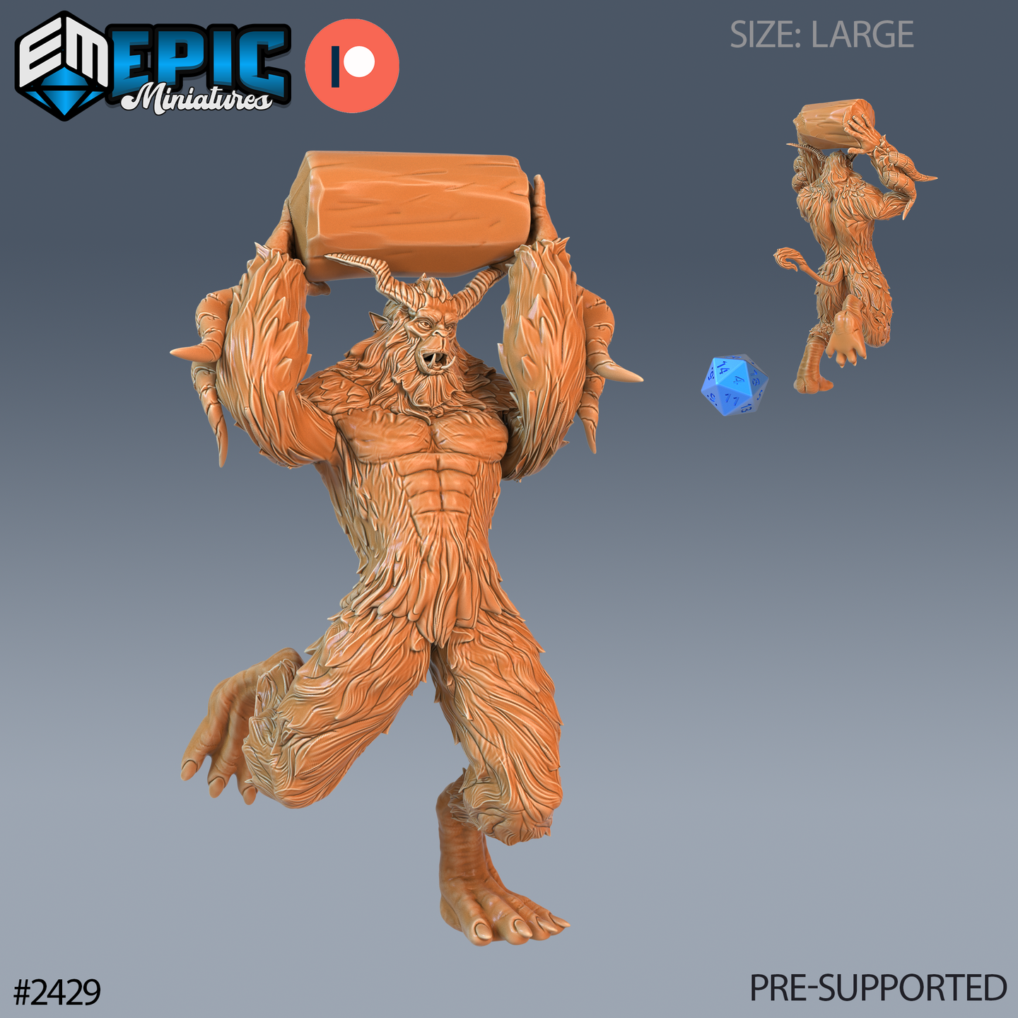 Digital render of a large Bigfoot Yeti miniature by Epic Miniatures — a horned, fur-covered giant raising a thick tree trunk overhead in both hands, with a snarling leonine face, wide stance, and deeply textured fur across the full body. A smaller side-view render and a blue d20 scale reference are shown alongside.