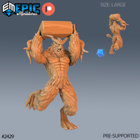 Digital render of a large Bigfoot Yeti miniature by Epic Miniatures — a horned, fur-covered giant raising a thick tree trunk overhead in both hands, with a snarling leonine face, wide stance, and deeply textured fur across the full body. A smaller side-view render and a blue d20 scale reference are shown alongside.