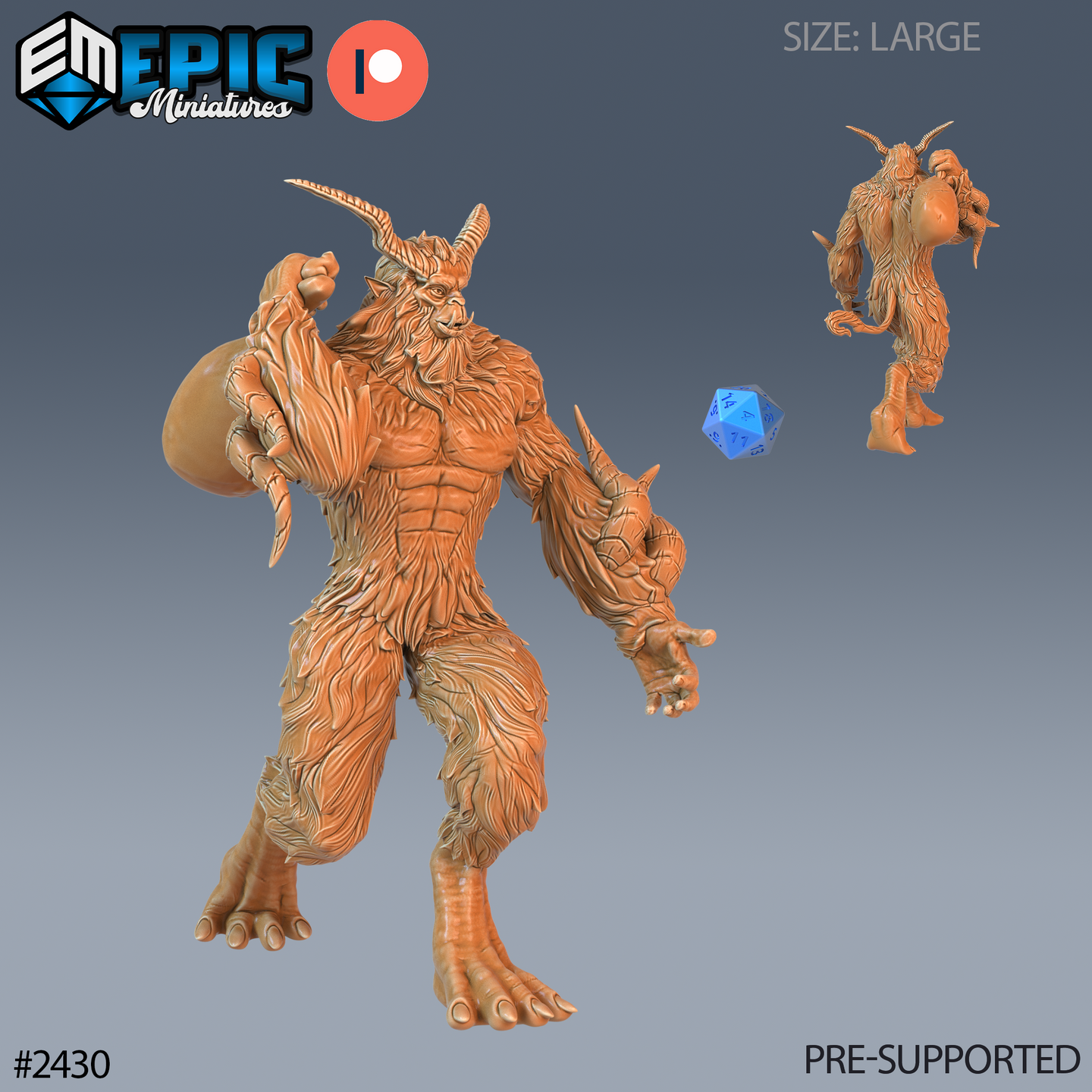 Digital render of a Large-scale Big Foot Yeti miniature by Epic Miniatures, shown in orange resin. The creature is horned, heavily muscled, and covered in detailed fur texture. It carries a bulging sack in one raised hand and stands in a confident mid-stride pose. A blue d20 die provides scale reference, confirming the miniature's Large size. Front and rear views shown.