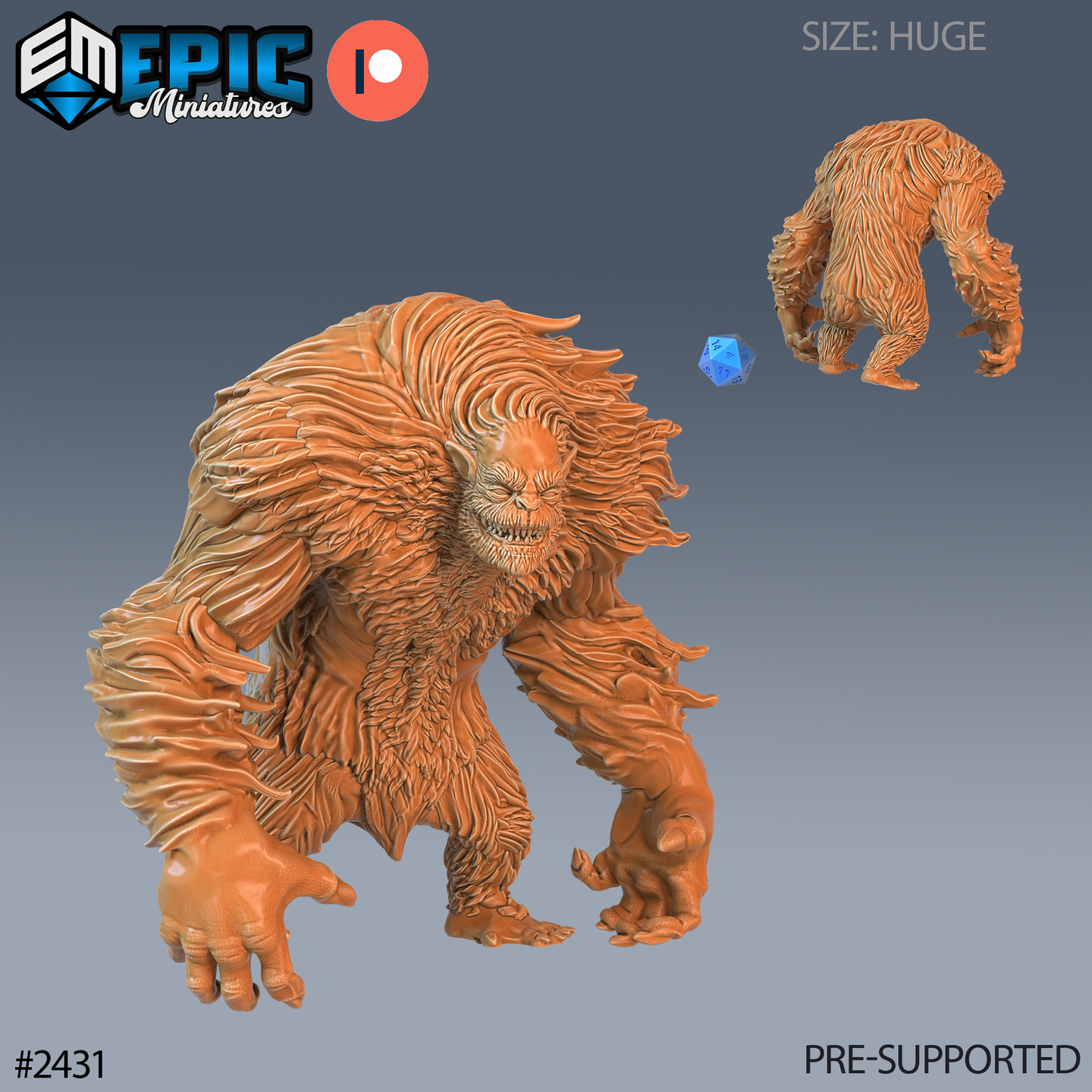 Digital render of the Yeti Abomination miniature by Epic Miniatures — a Huge-scale hunched primate-like creature with long layered fur flowing outward, arms reaching toward the ground, and a partially hidden face with sunken eyes and bared teeth. A d20 is shown beside it for scale. Two poses visible: primary front-facing and a secondary hunched knuckle-down variant. Unpainted orange resin render.