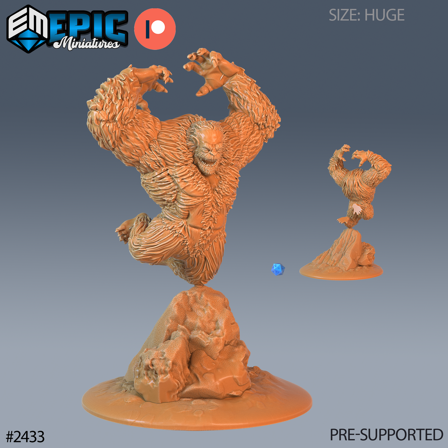 Digital render of the Yeti Abomination miniature by Epic Miniatures, shown in unpainted orange resin. The huge-scale creature is posed rearing up on a rocky boulder base with both clawed arms raised above its head in a roaring attack posture. Thick fur texture covers the muscular body, and the wide snarling face shows bared teeth. A scale reference d20 and a smaller side-angle view of the same sculpt are visible alongside the main figure.