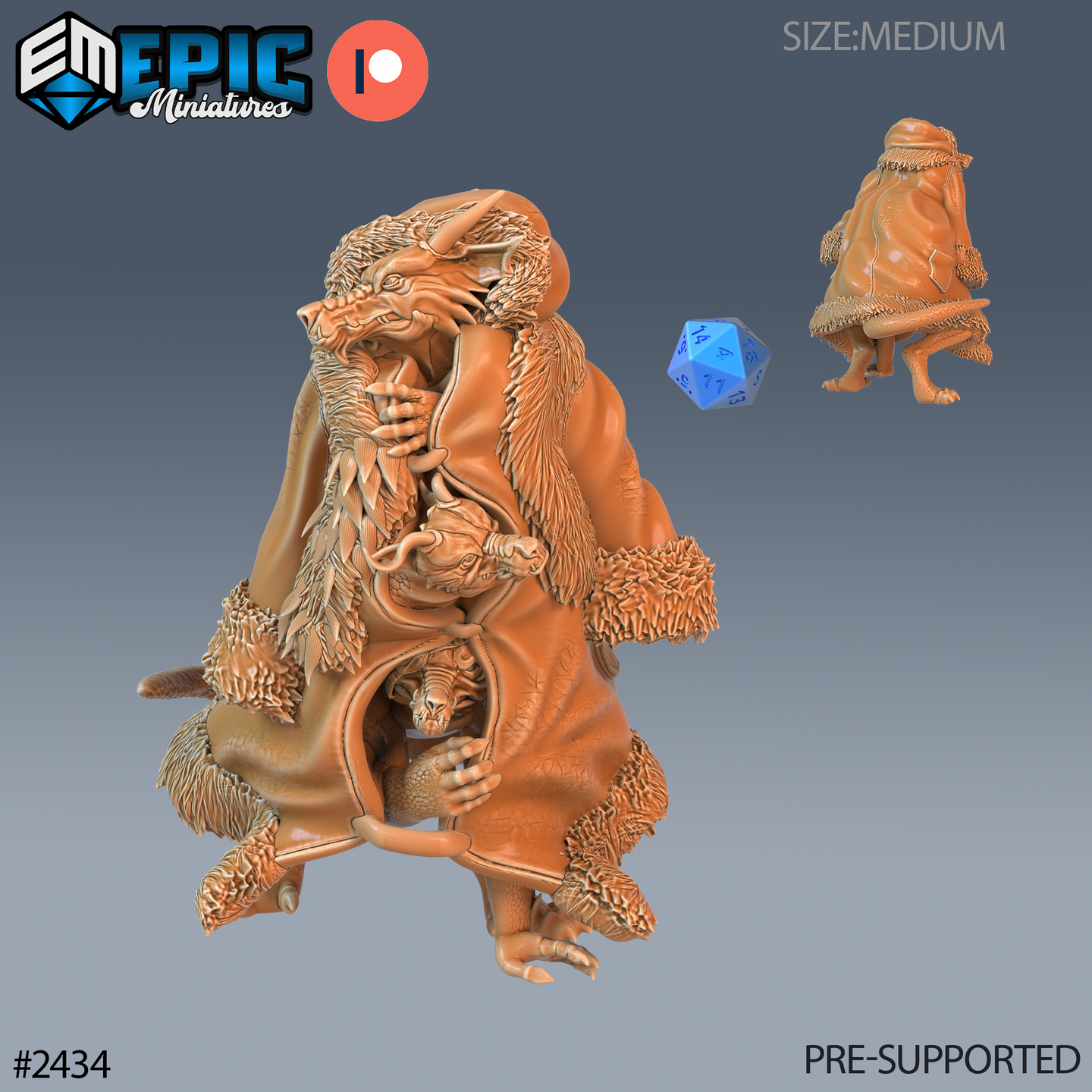 Digital render of a 32mm Winter Kobold Spy miniature — a stocky kobold in a heavy fur-trimmed robe with a deep hood, several small serpents coiling from within the coat, shown from front and rear against a grey gradient background with a blue d20 for scale reference.