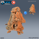 Digital render of a 32mm Winter Kobold Spy miniature — a stocky kobold in a heavy fur-trimmed robe with a deep hood, several small serpents coiling from within the coat, shown from front and rear against a grey gradient background with a blue d20 for scale reference.